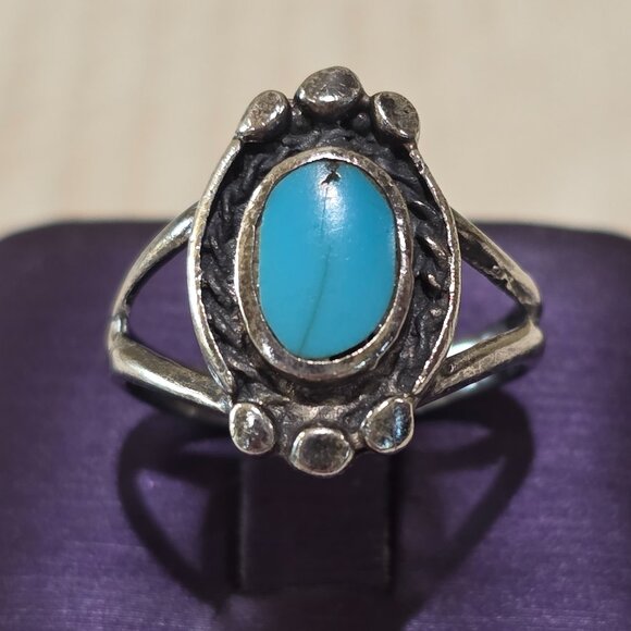 VTG Handmade Southwest Native American Oval Turquoise Sterling Silver Ring 6.25 - Picture 1 of 13